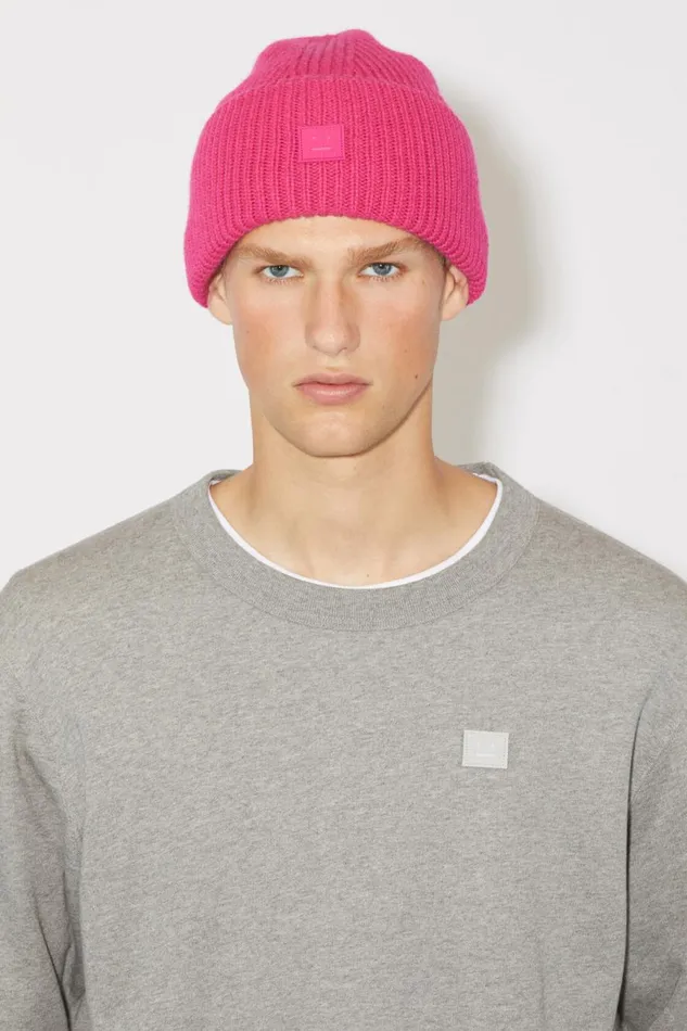 Women Small Face Logo Beanie Bright Pink Acne Studios Hats
