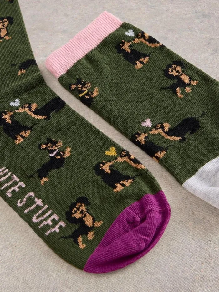 Women SOCKS White Stuff Kissing Sausage Dog Ankle Sock Green Multi