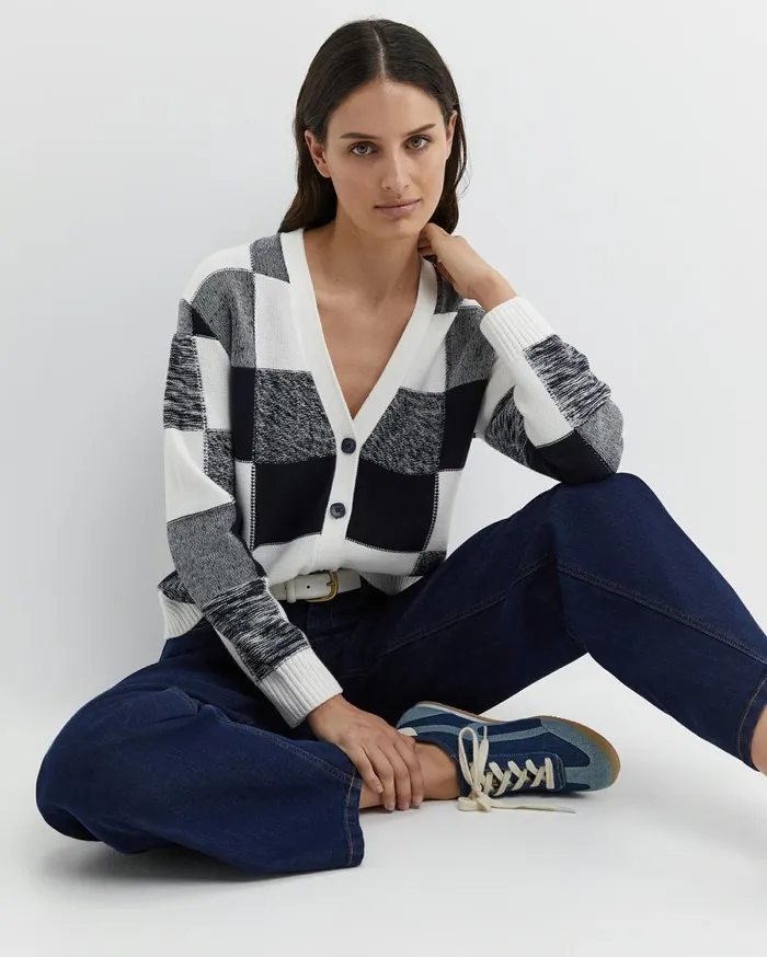 Women Sportscraft Knits and Cardigans Elka Check Cardigan Navywhite