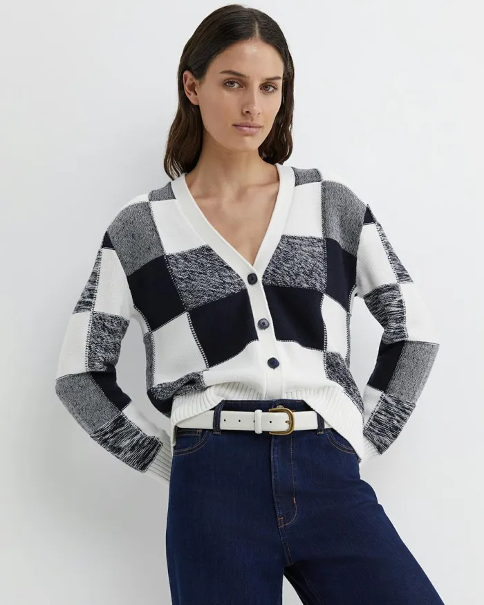 Women Sportscraft Knits and Cardigans Elka Check Cardigan Navywhite