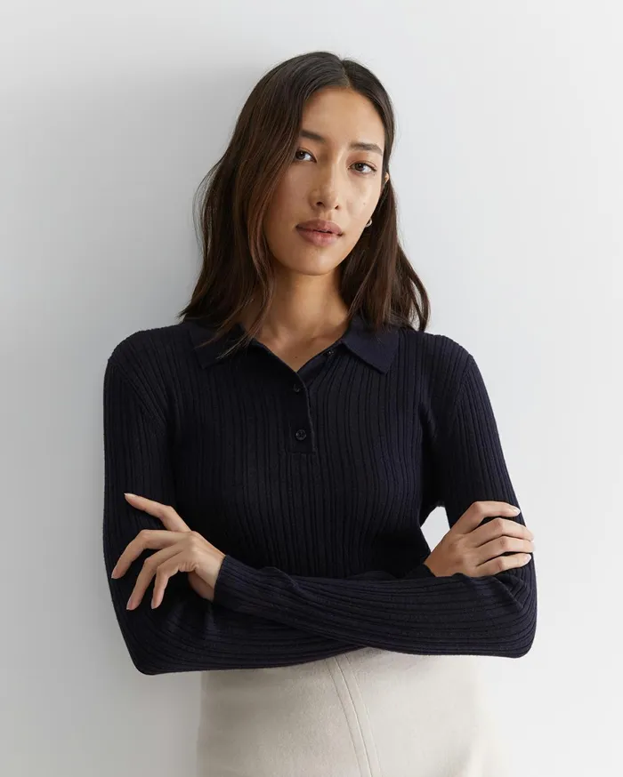 Women Sportscraft Knits and Cardigans Wool Silk Polo Navy