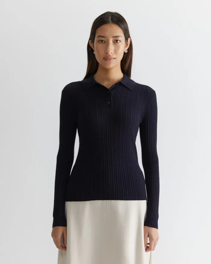 Women Sportscraft Knits and Cardigans Wool Silk Polo Navy