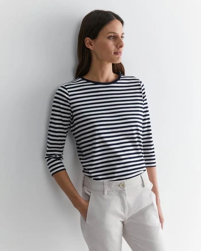 Women Sportscraft Tops and Tees Cotton Crew 3 Quarter Sleeve TShirt Navywhite