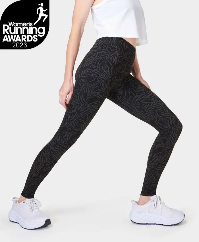 Women Sweaty Betty Zero Gravity Running Leggings Grey Zebra Check Print Pocketed