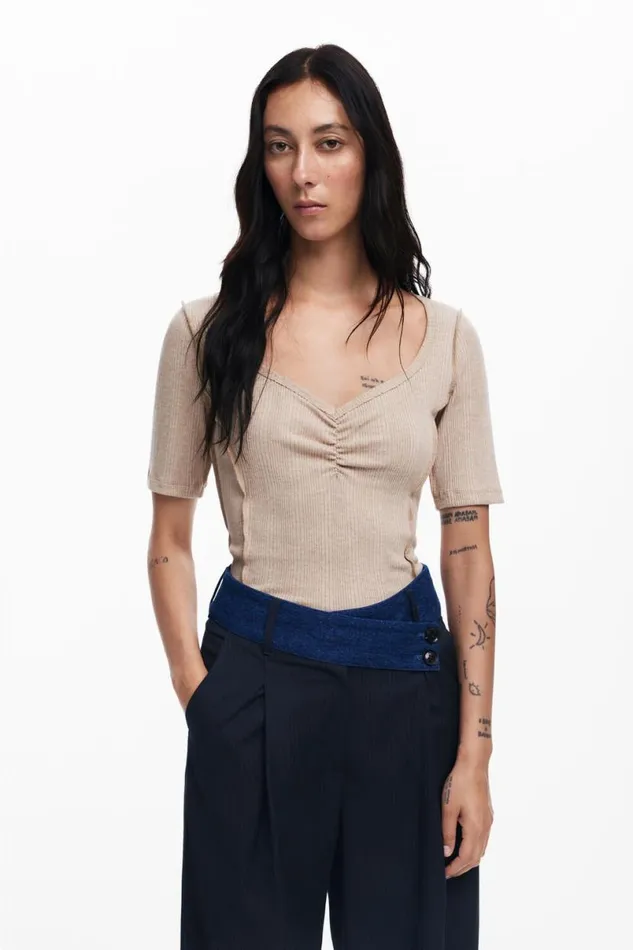 Women Tshirts Desigual Ruched Neckline Tshirt