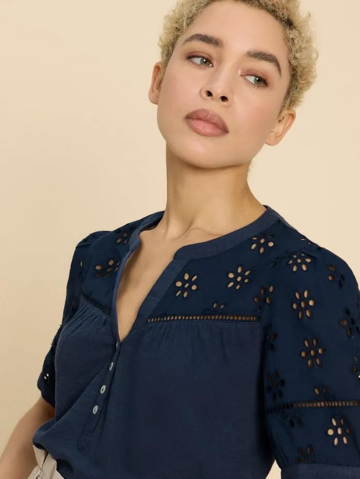 Women TOPS and TEES White Stuff BELLA BRODERIE MIX TOP French Navy