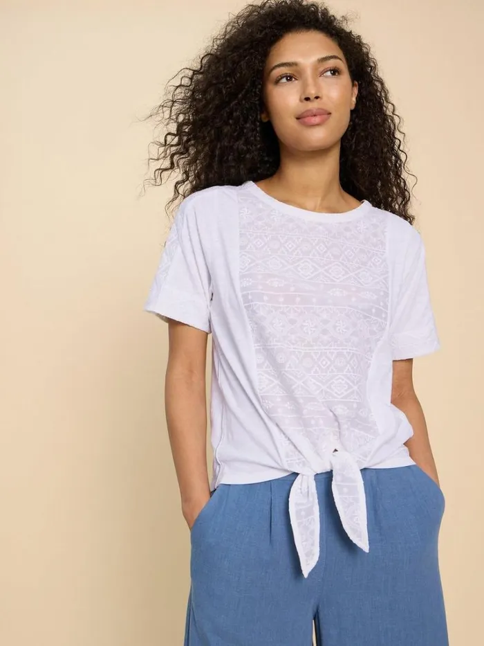 Women TOPS and TEES White Stuff EMBROIDERED TIE HEM TOP Brilliant White