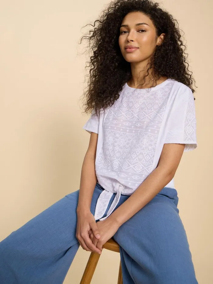 Women TOPS and TEES White Stuff EMBROIDERED TIE HEM TOP Brilliant White Women TOPS and TEES White Stuff EMBROIDERED TIE HEM TOP Brilliant White