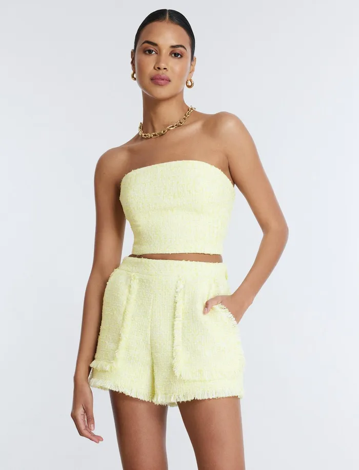 Women Tops BCBG Strapless Boucle Crop Top Yellow