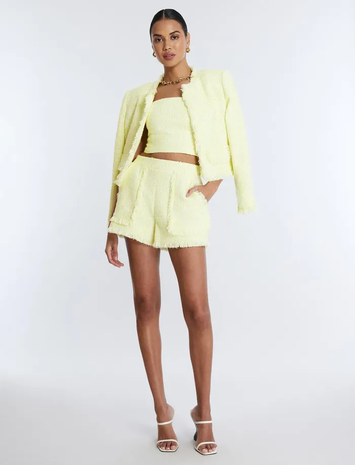 Women Tops BCBG Strapless Boucle Crop Top Yellow