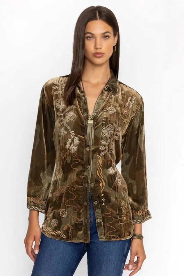Women Tops Johnny Was VELVET KIMONO SLEEVE SHIRT Sycamore Camo