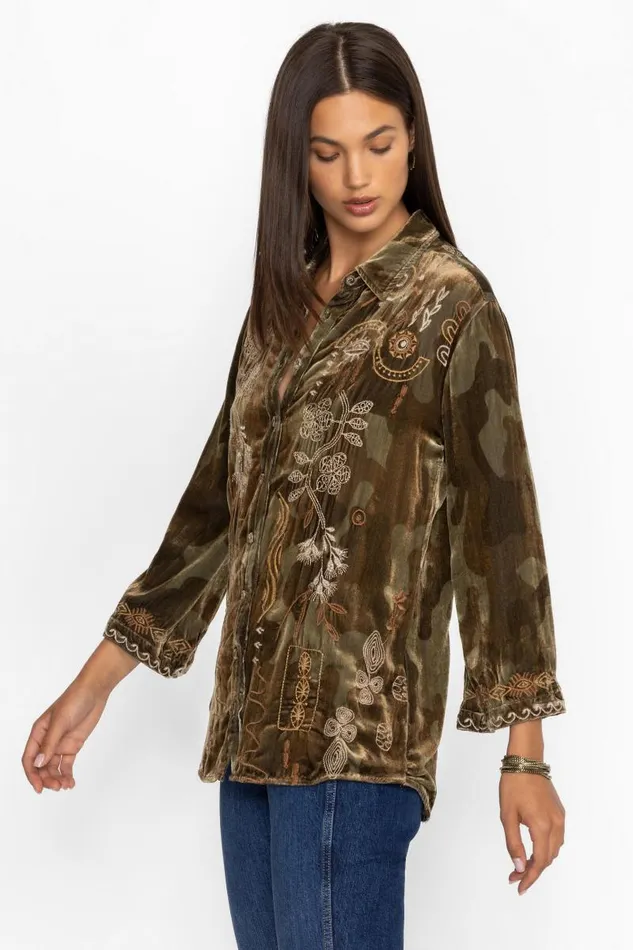 Women Tops Johnny Was VELVET KIMONO SLEEVE SHIRT Sycamore Camo