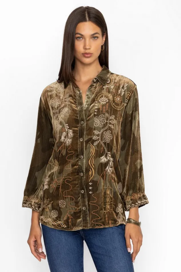 Women Tops Johnny Was VELVET KIMONO SLEEVE SHIRT Sycamore Camo