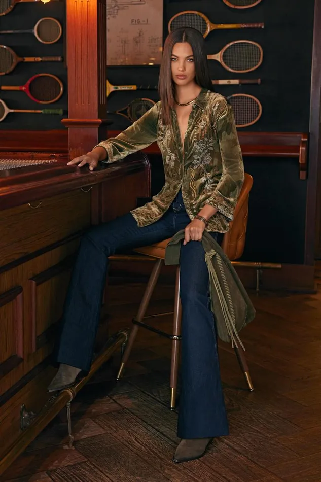 Women Tops Johnny Was VELVET KIMONO SLEEVE SHIRT Sycamore Camo