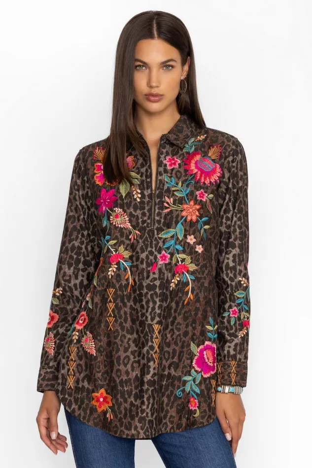 Women Tops Johnny Was ZIPUP SHIRT TUNIC Og Leopard