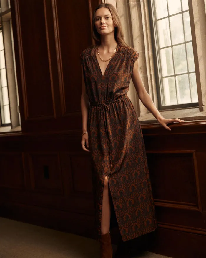 Women VNeck Maxi Dress Navybrown Billy Reid Dresses