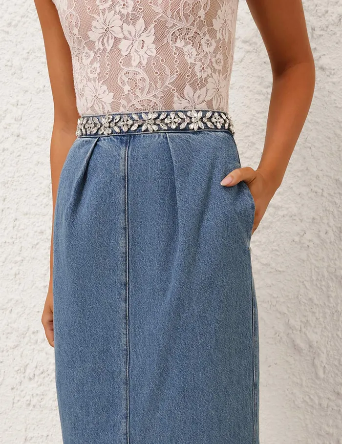 Women Zimmermann Clothing Crush Embellished Denim Skirt Blue Moon