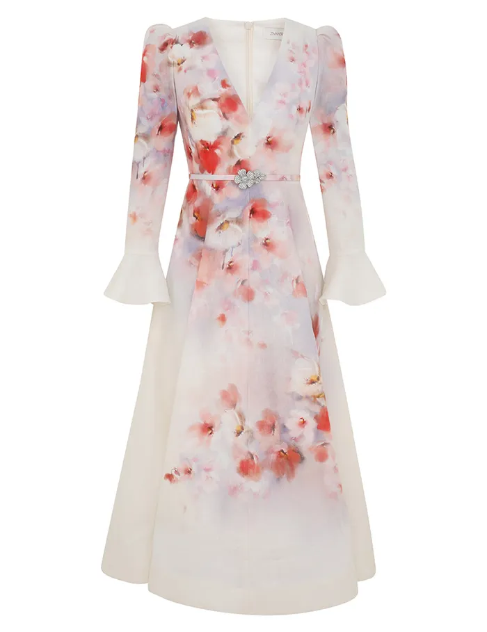 Women Zimmermann Clothing Crush Frill Sleeved Midi Dress Scarlet Floral