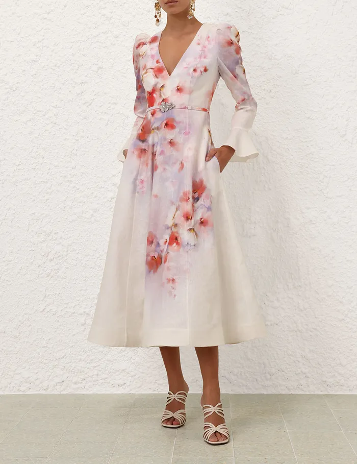 Women Zimmermann Clothing Crush Frill Sleeved Midi Dress Scarlet Floral