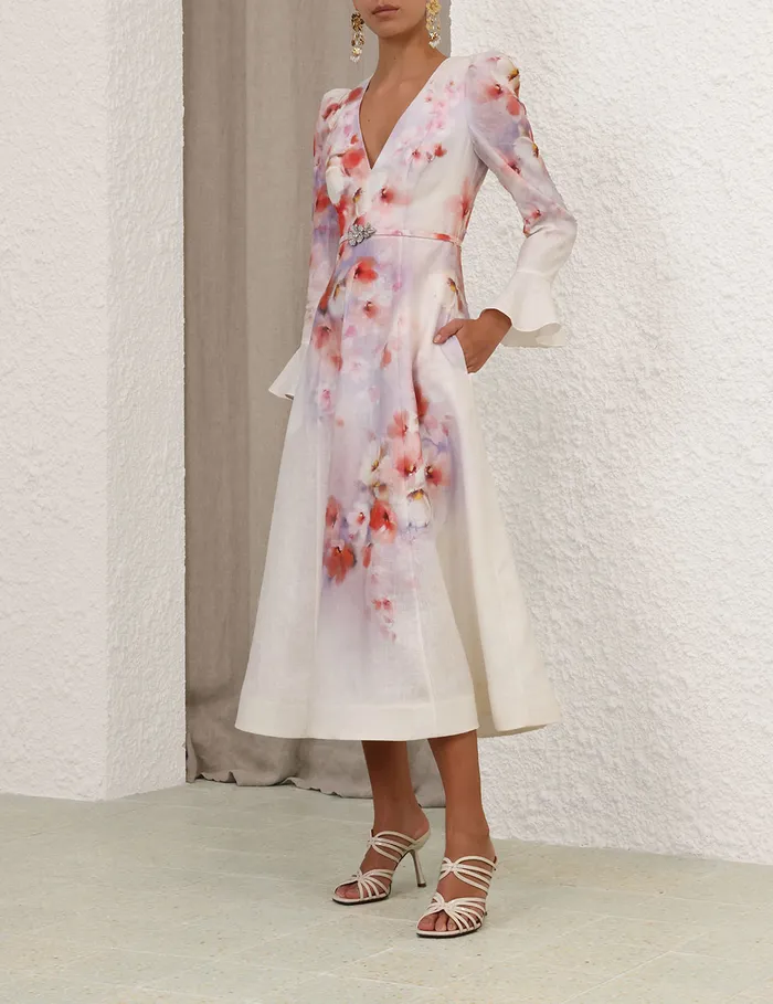 Women Zimmermann Clothing Crush Frill Sleeved Midi Dress Scarlet Floral