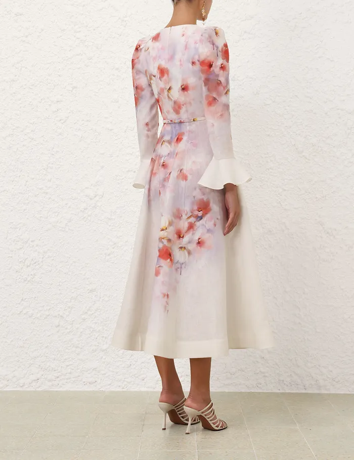 Women Zimmermann Clothing Crush Frill Sleeved Midi Dress Scarlet Floral