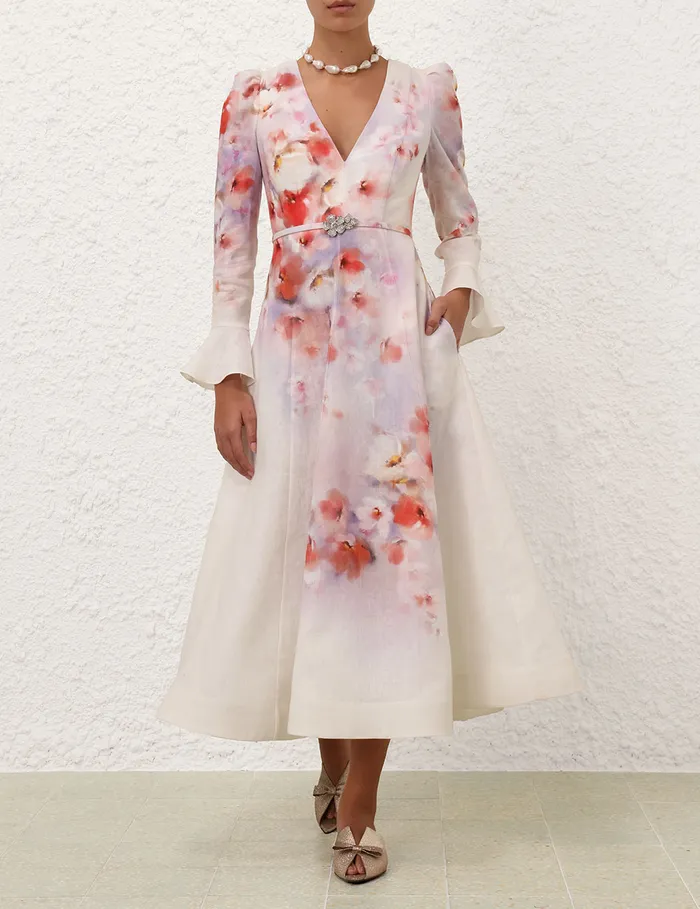 Women Zimmermann Clothing Crush Frill Sleeved Midi Dress Scarlet Floral