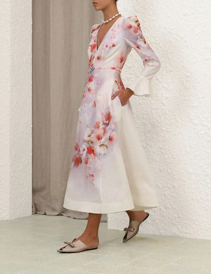 Women Zimmermann Clothing Crush Frill Sleeved Midi Dress Scarlet Floral