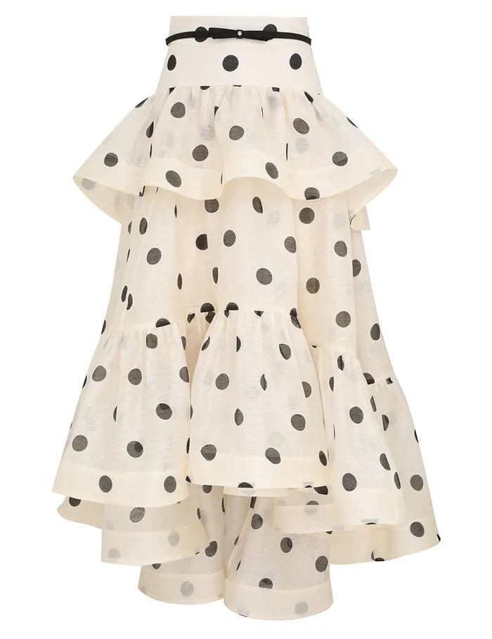 Women Zimmermann Clothing Crush HighLow Tiered Skirt Creamblack Dot