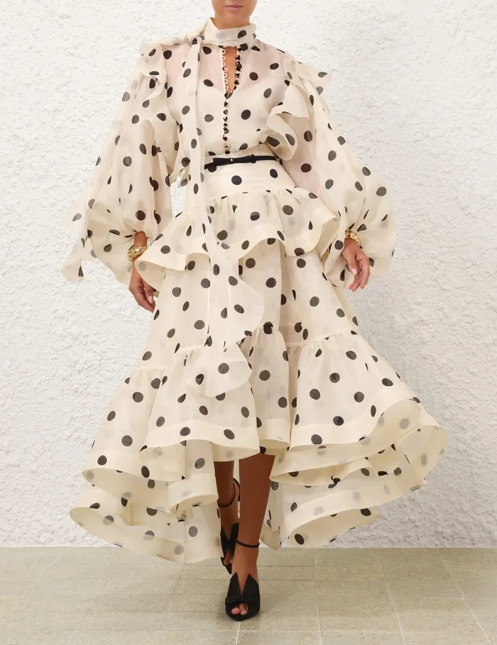 Women Zimmermann Clothing Crush HighLow Tiered Skirt Creamblack Dot