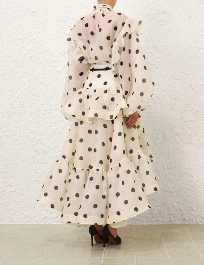 Women Zimmermann Clothing Crush HighLow Tiered Skirt Creamblack Dot