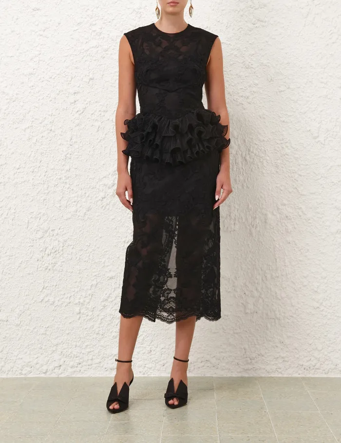 Women Zimmermann Clothing Crush Lace Frill Midi Dress Black