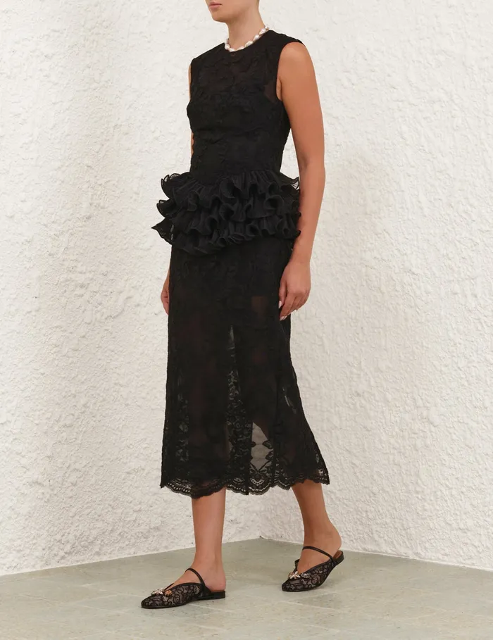 Women Zimmermann Clothing Crush Lace Frill Midi Dress Black