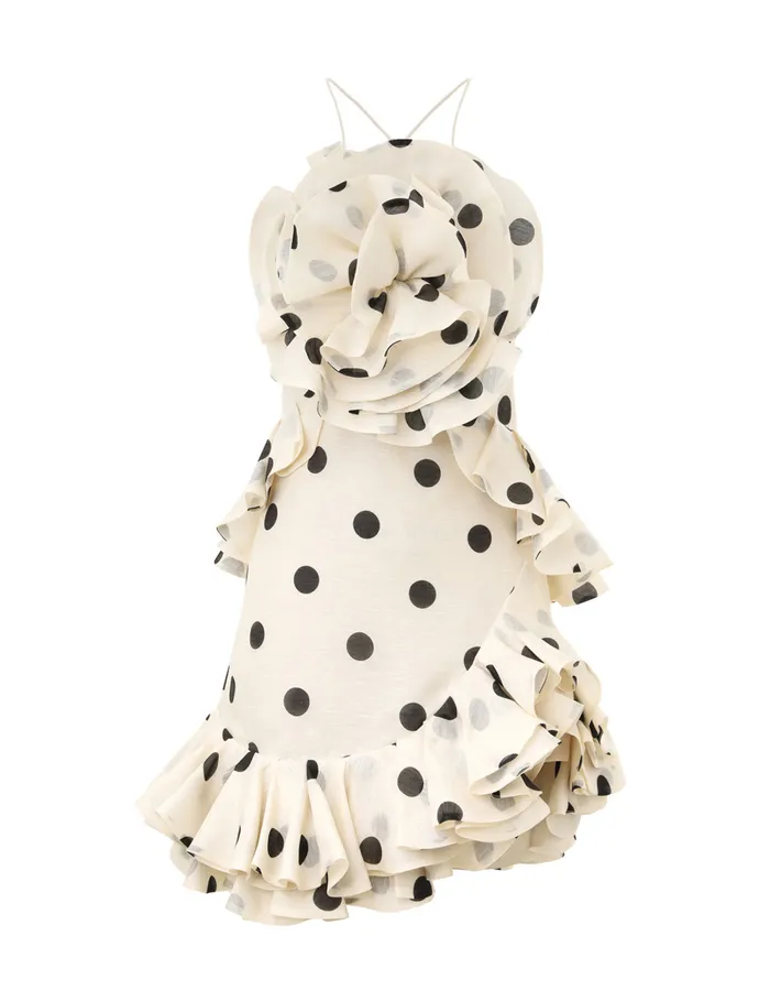 Women Zimmermann Clothing Crush Ruffle Halter Mini Dress Creamblack Dot