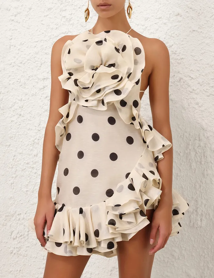 Women Zimmermann Clothing Crush Ruffle Halter Mini Dress Creamblack Dot