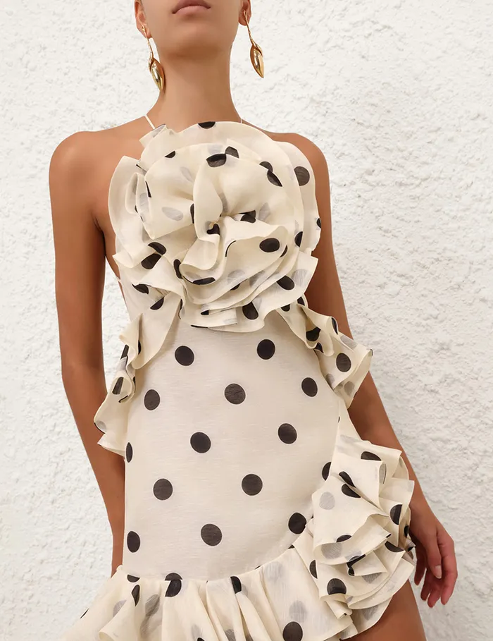 Women Zimmermann Clothing Crush Ruffle Halter Mini Dress Creamblack Dot