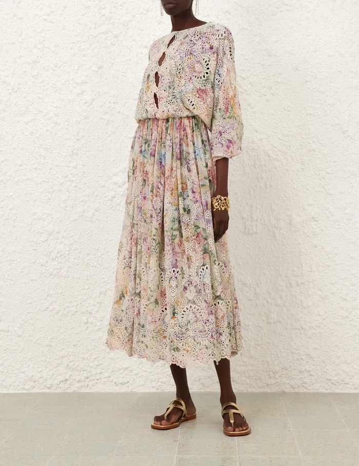 Women Zimmermann Clothing Halliday Embroidered Dress Multi Watercolour Floral