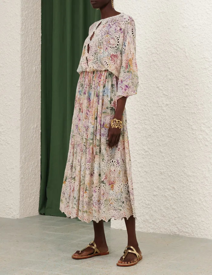 Women Zimmermann Clothing Halliday Embroidered Dress Multi Watercolour Floral