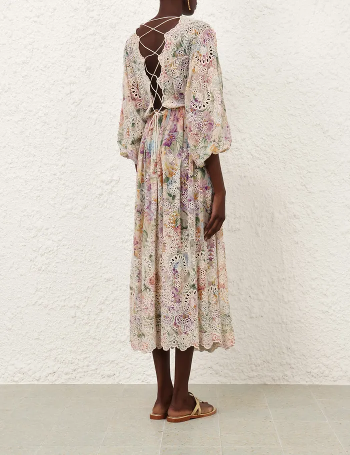 Women Zimmermann Clothing Halliday Embroidered Dress Multi Watercolour Floral