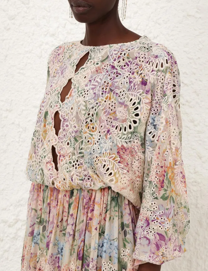 Women Zimmermann Clothing Halliday Embroidered Dress Multi Watercolour Floral