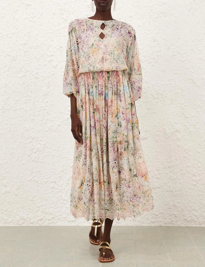 Women Zimmermann Clothing Halliday Embroidered Dress Multi Watercolour Floral