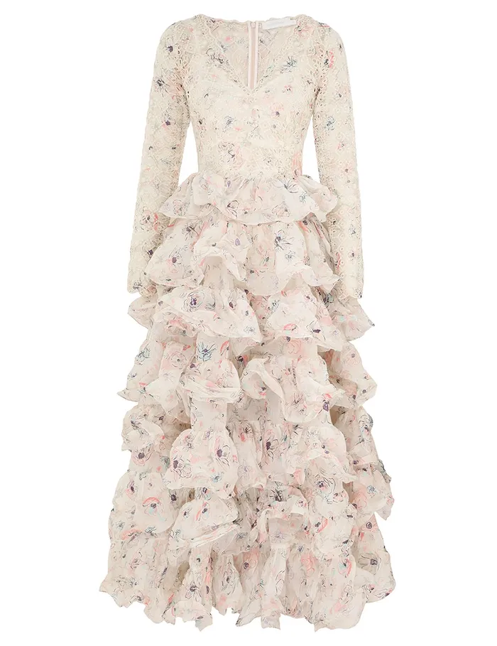 Women Zimmermann Clothing Halliday Tiered Ruffle Gown Ivory Watercolour Floral