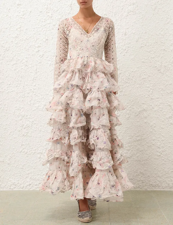 Women Zimmermann Clothing Halliday Tiered Ruffle Gown Ivory Watercolour Floral