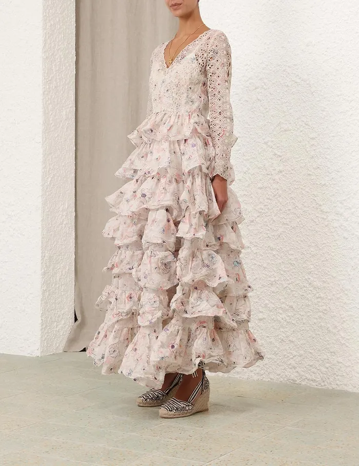 Women Zimmermann Clothing Halliday Tiered Ruffle Gown Ivory Watercolour Floral