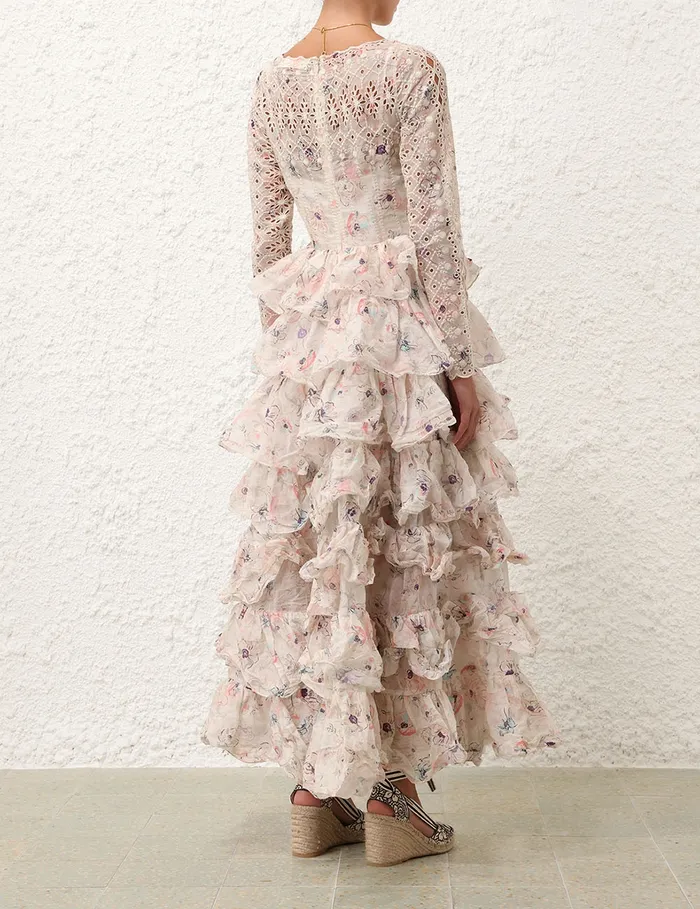 Women Zimmermann Clothing Halliday Tiered Ruffle Gown Ivory Watercolour Floral