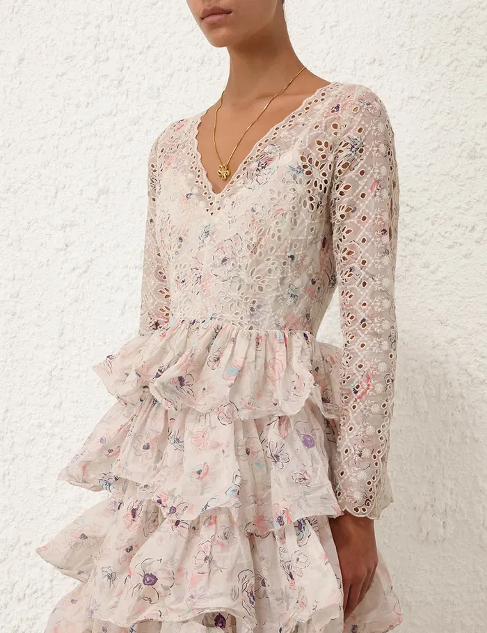 Women Zimmermann Clothing Halliday Tiered Ruffle Gown Ivory Watercolour Floral