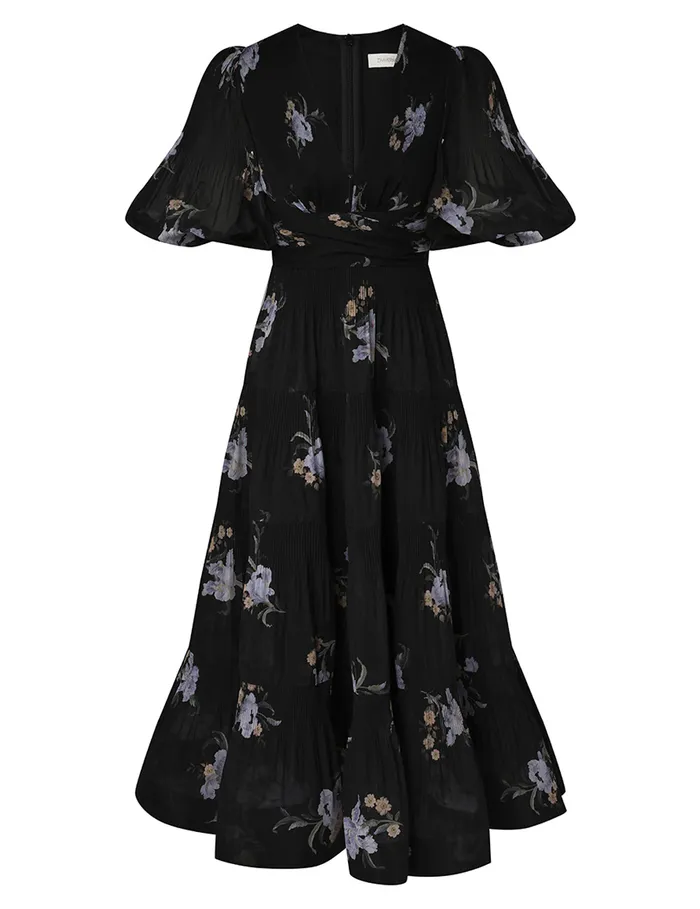 Women Zimmermann Clothing Pleated Midi Dress Black Iris Floral