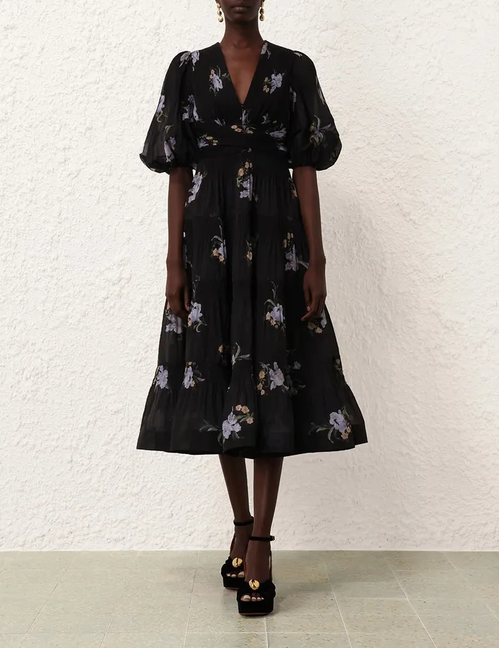 Women Zimmermann Clothing Pleated Midi Dress Black Iris Floral