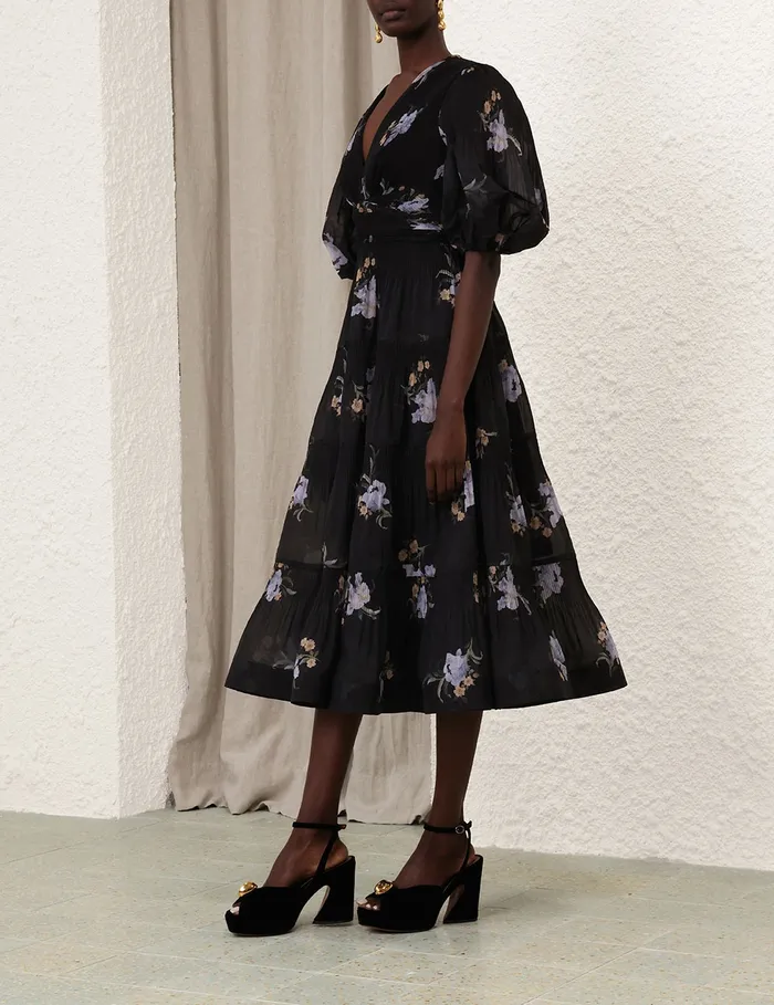 Women Zimmermann Clothing Pleated Midi Dress Black Iris Floral