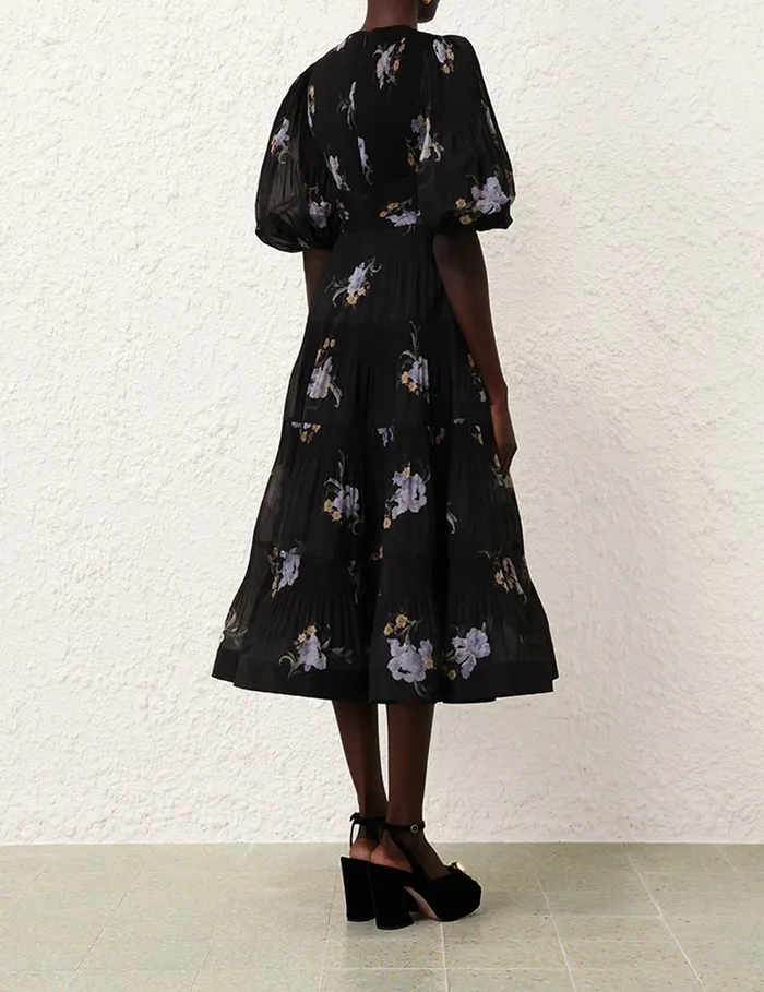 Women Zimmermann Clothing Pleated Midi Dress Black Iris Floral