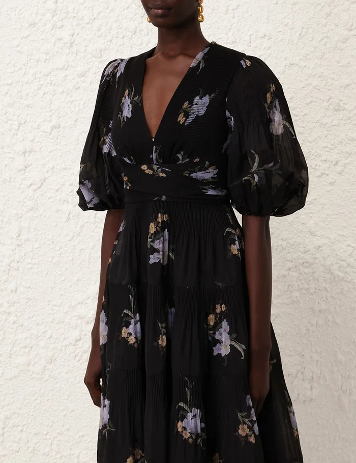 Women Zimmermann Clothing Pleated Midi Dress Black Iris Floral